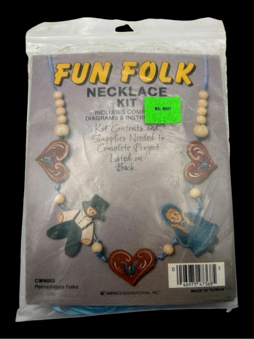 NOS Wang's Fun Folk Craft Wood Necklace Kit CWN003 Blue Ribbon Pennsylvania Folk